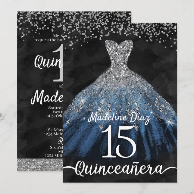 Marine Blue Quinceanera Invitation Cumpleanos (Devant / Derrière)