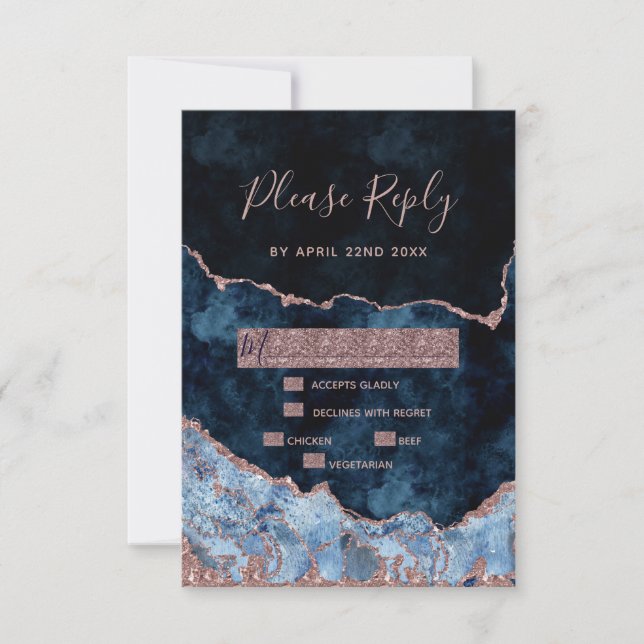 Marine Blue Rose Gold Agate Gilt Wedding RSVP Répo (Devant)