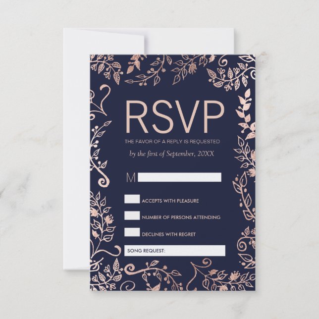 Marine Blue Rose Gold Floral RSVP et demande de ch (Devant)