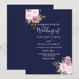 Marine Blue & Rose Gold Floral Wedding Invitation