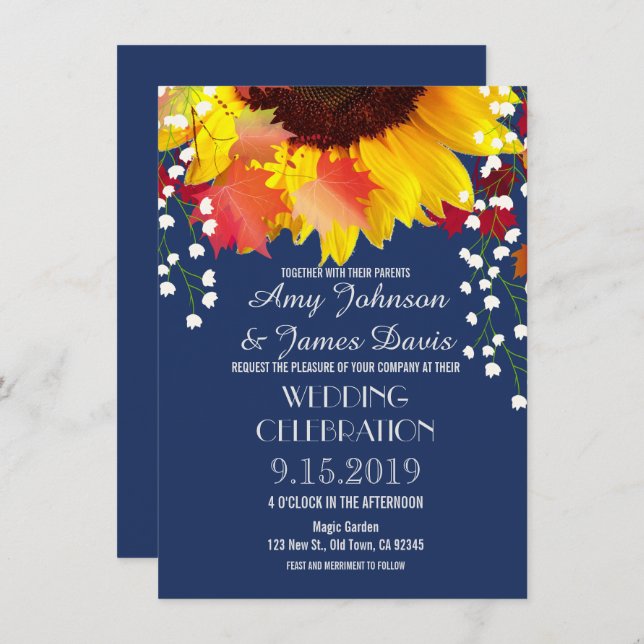 Marine Blue Rustic Sunflower Invitations de mariag (Devant / Derrière)