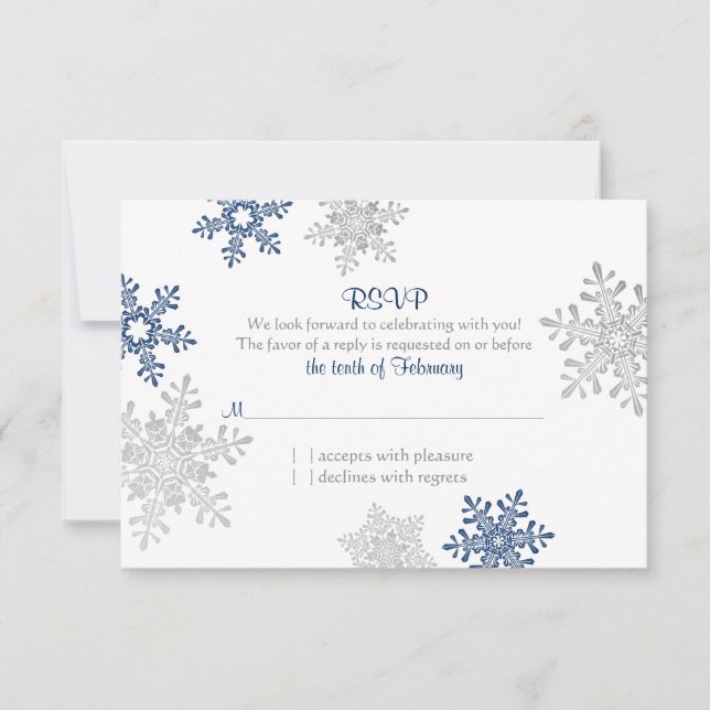 Marine Blue Silver Snowflake Hiver Mariage RSVP (Devant)