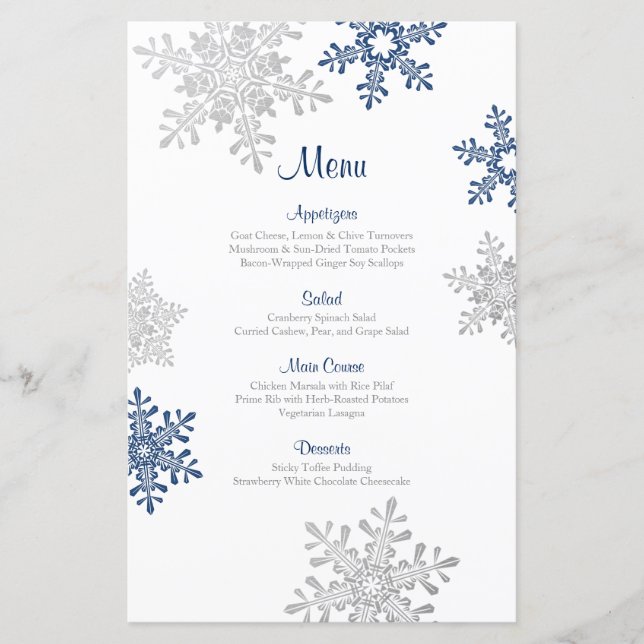 Marine Blue Silver Snowflake Winter Wedding Menu (Devant)
