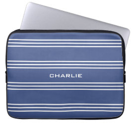 Marine Blue Stripes benutzerdefinierte Monogramm-L Laptopschutzhülle