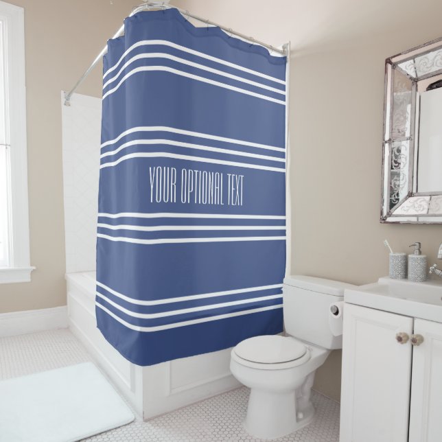 Marine Blue Stripes Custom Text Duschvorhang (Beispiel)