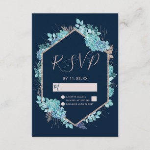 Marine Blue Succulents & Rose Gold Wedding RSVP