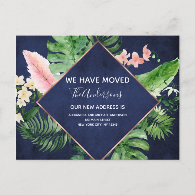 Marine Blue Tropical Floral Moving Faire-part (Devant)