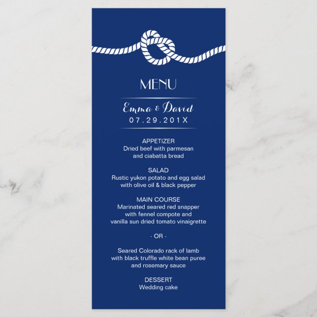 Marine Blue Tying Knot Menu Mariage nautique (Devant)