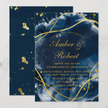 Marine Blue Watercolor Gold Wedding Invitations