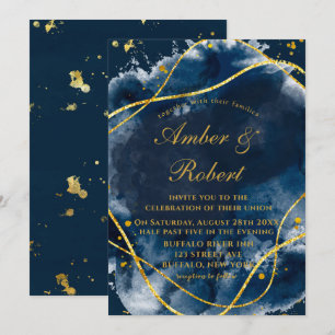 Marine Blue Watercolor Gold Wedding Invitations