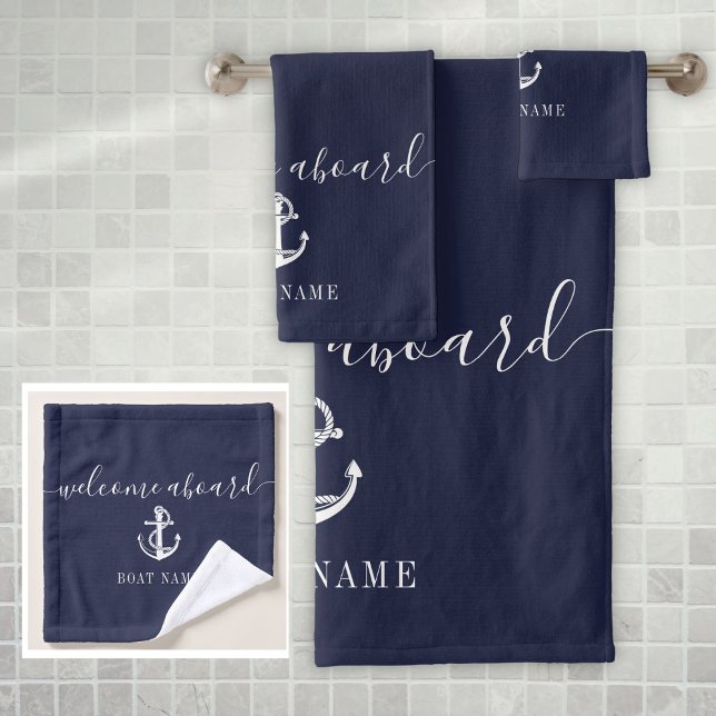 Marine Blue Welcome À Bord Ancre Nautique Nom du b (Navy Blue Welcome Aboard Nautical Anchor Boat Name Bath Towel Set)
