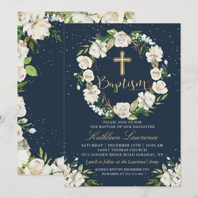 Marine Blue Winter Floral Girl Baptême Invitation (Devant / Derrière)