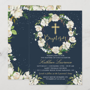 Marine Blue Winter Floral Girl Baptême Invitation