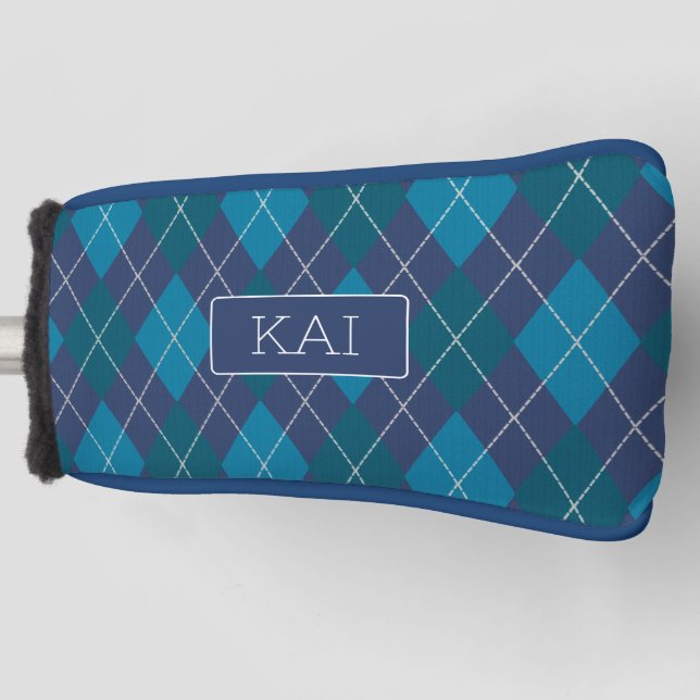 Marine Blues Raute Diamond Strick Muster mit Namen Golf Headcover (Vorderseite)