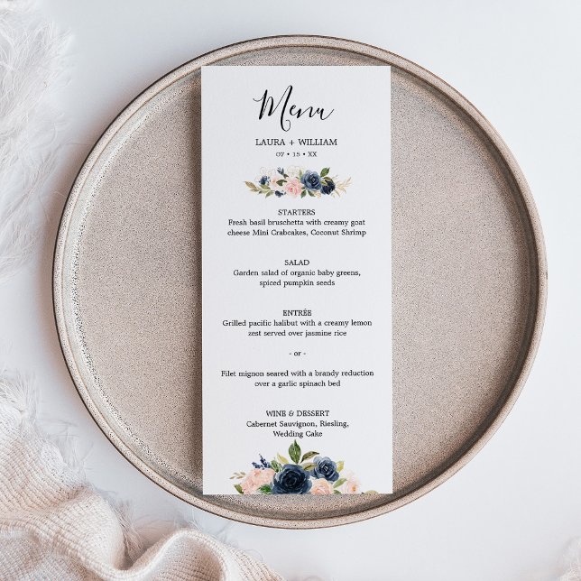 Marine Blush Floral or Feuille menu Mariage (Navy Blush Floral Golden Leaves Wedding Menu)