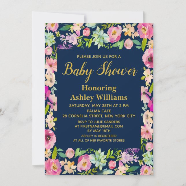 Marine Boho Fleurs Floral Baby Shower Invitations (Devant)