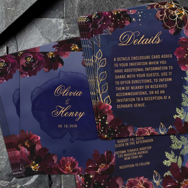 Marine Bordeaux Détails du Faire-part de mariage (Navy Bordeaux Wedding Invitation Details Enclosure Card featuring Navy & Burgundy Florals with Gold)