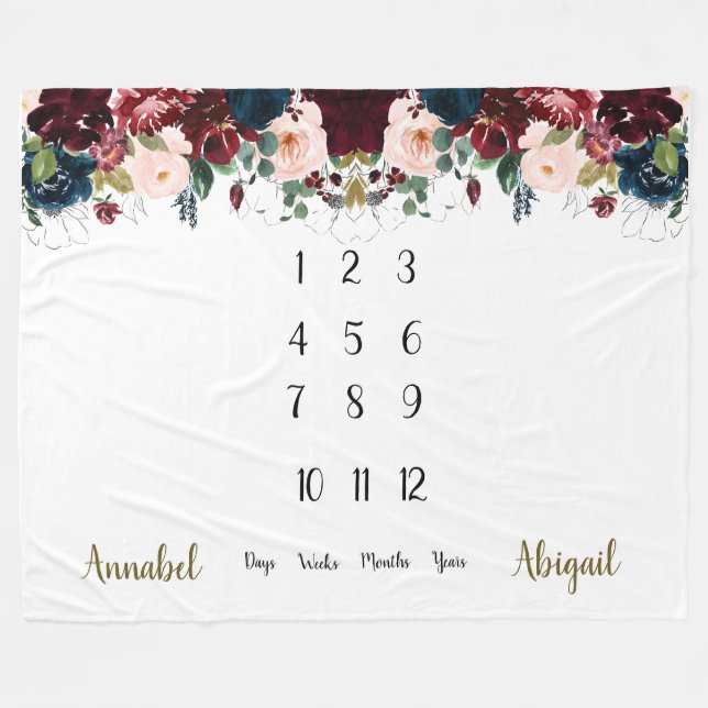 Marine, bordeauxfarbene Twins Milestone Fleecedecke (Vorderseite (Horizontal))