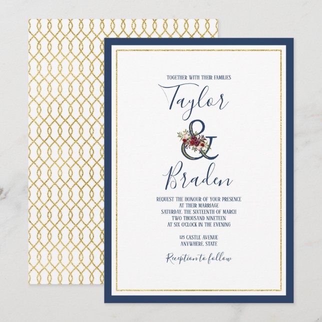 Marine + Bourgogne + Gold Floral Faire-part de mar (Devant / Derrière)