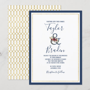 Marine + Bourgogne + Gold Floral Faire-part de mar