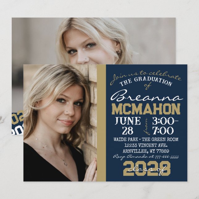 Marine & Bronze Gold Graduation 2 Photo Invitation (Devant / Derrière)