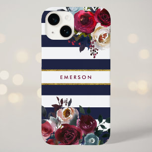 Marine Burgund und Gold Boho Blumen Streifen Monog Case-Mate iPhone 14 Hülle