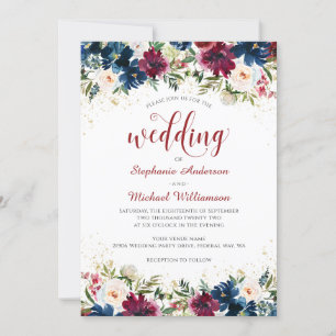 Marine Burgundy Aquarelle Faire-part de mariage fl