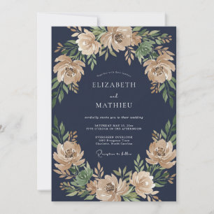 Marine Champagner Wasserfarben Blumenhochzeit Einladung