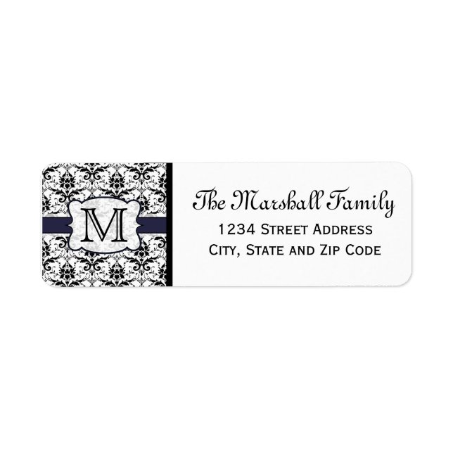 (Marine) Damask Monogram-Rücksendeadressen-Aufkleb (Vorne)