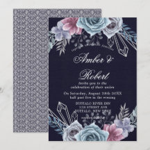 Marine Dusty Blue Rose Floral Wedding Invitations