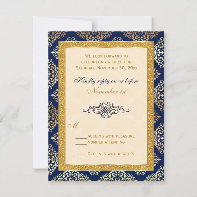 Marine, Elfenbeinküste, Gold Glitzer, Damask Flora RSVP Karte (Vorderseite)