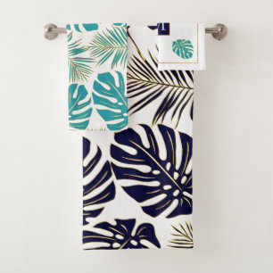 Marine et aqua feuilles tropicaux et monogramme