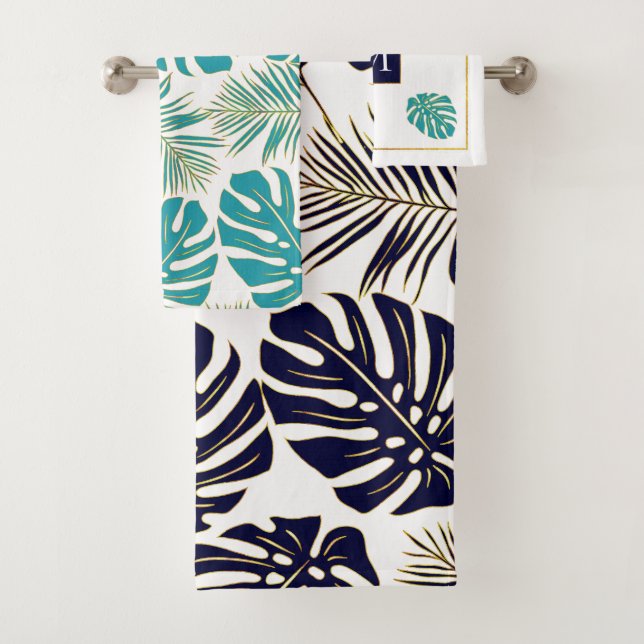 Marine et aqua feuilles tropicaux et monogramme (En situation)