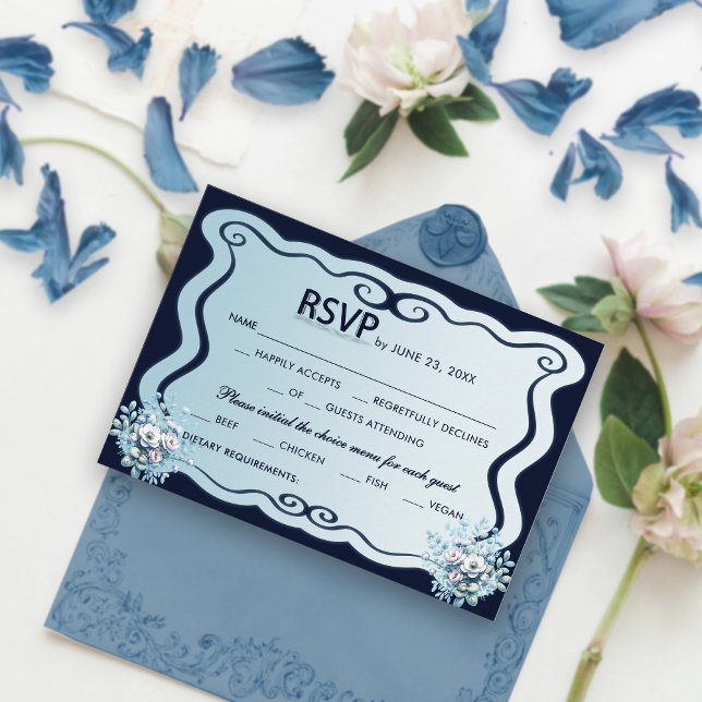 Marine et bleu clair Chic Boho mariage floral RSVP (Créateur téléchargé)