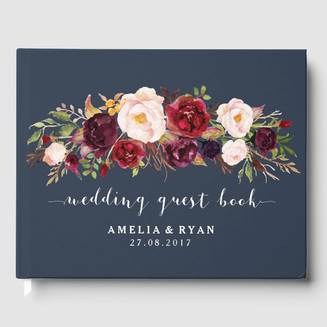 Marine Floral Bourgogne Mariage Livre d'or (Recto)