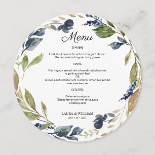 Marine Floral Greenery Menu Feuille Round Menu