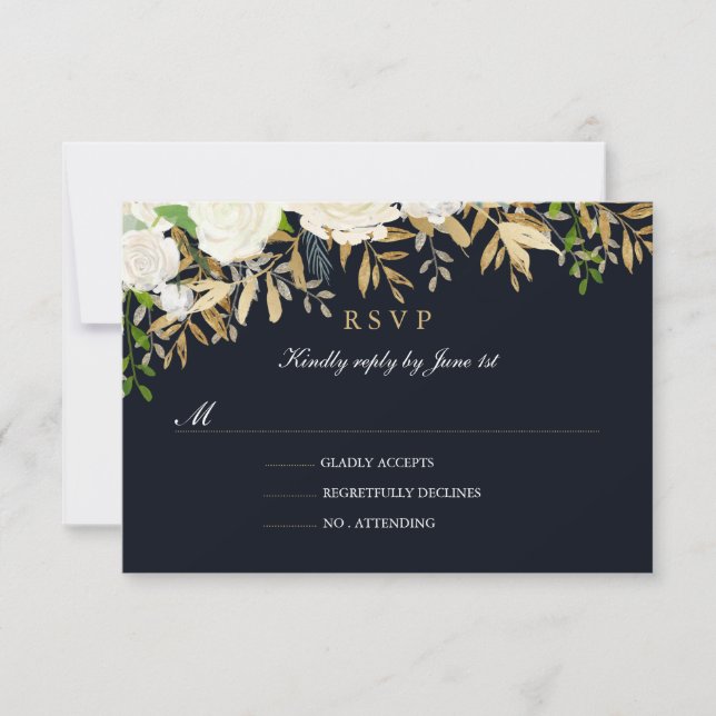 Marine Gold Floral Aquarelle Mariage RSVP (Devant)