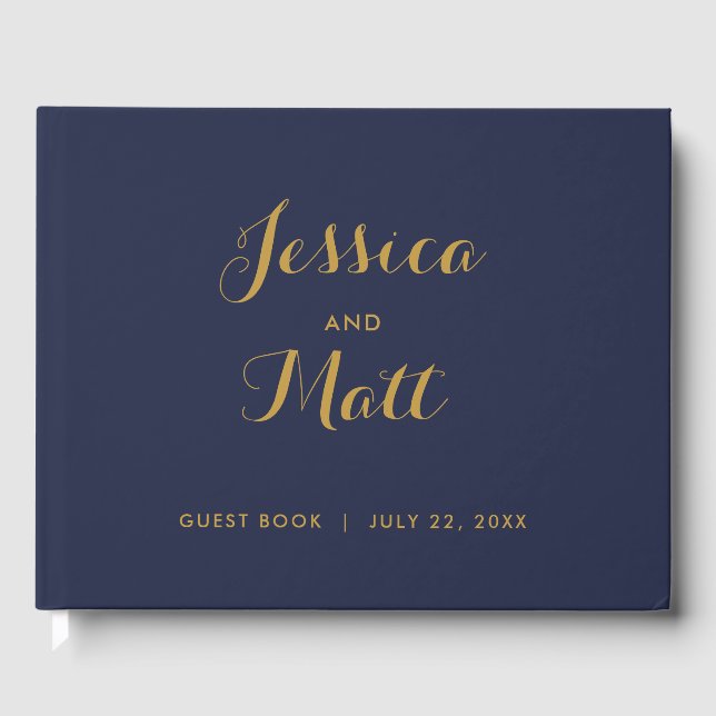 Marine Gold Modern Script Photo Mariage Livre d'or (Recto)