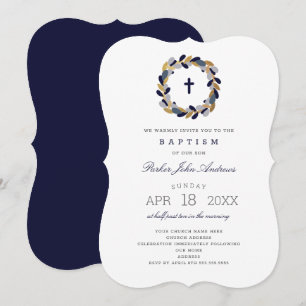 Marine Gold Wreath garçon baptême invitation