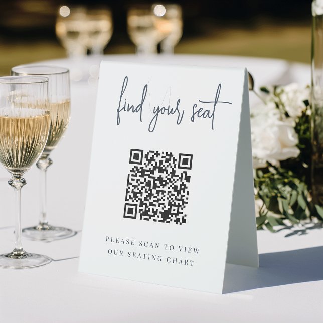 Marine | Handgeschriebenes Script QR Code Hochzeit Tischaufsteller (Von Creator hochgeladen)