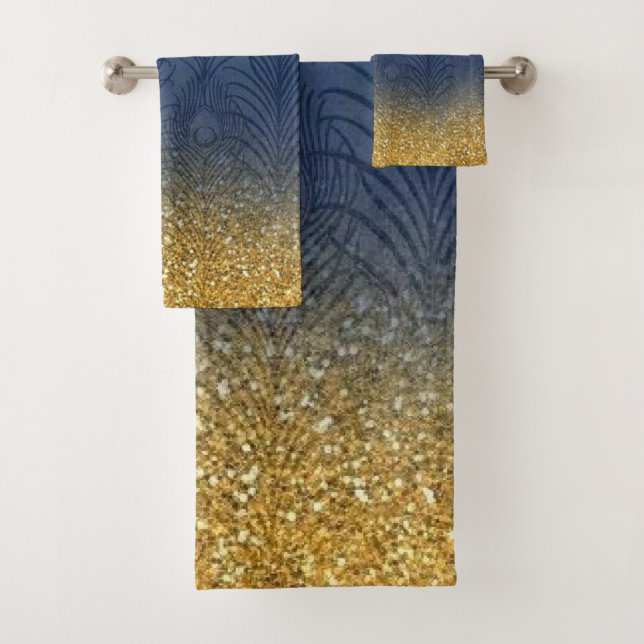 Marine-Indigo-Blau-Glitzer-Goldfeder Badhandtuch Set (Insitu)