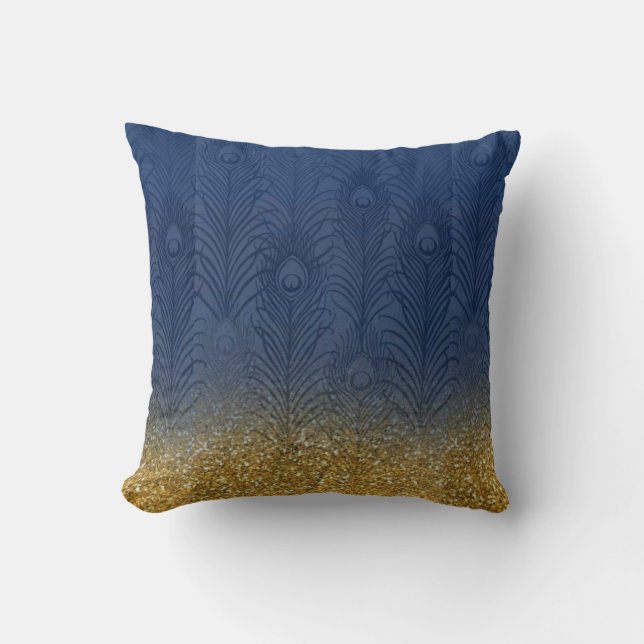 Marine-Indigo-Blau-Glitzer-Goldpfau-Feder Kissen (Vorderseite)