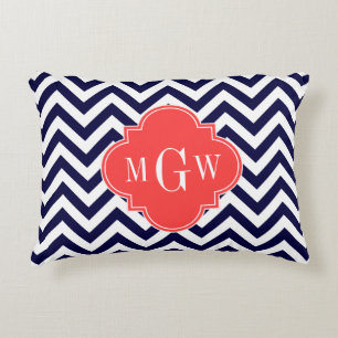 Marine Lg Chevron Korallenrot Quatrefoil 3 Monogra Dekokissen