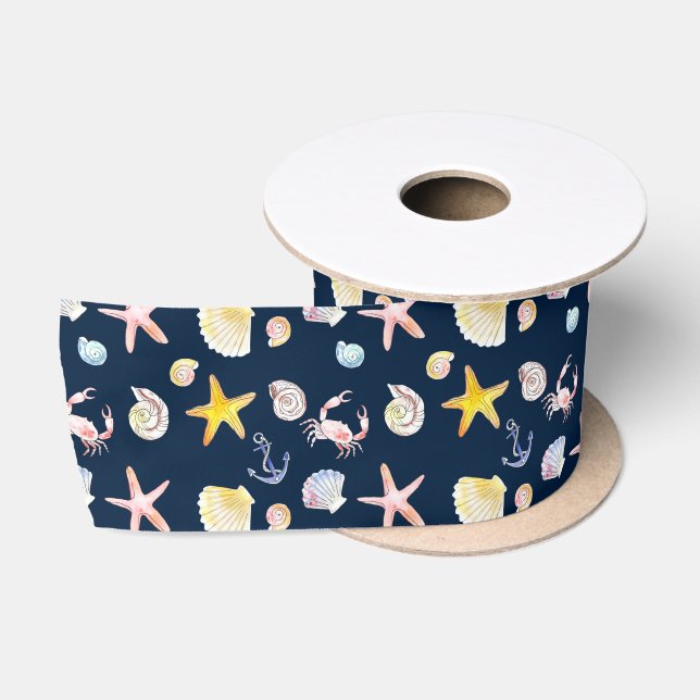 Marine Life & Anchors (Dark) Satin Ribbon Satinband (Spule)