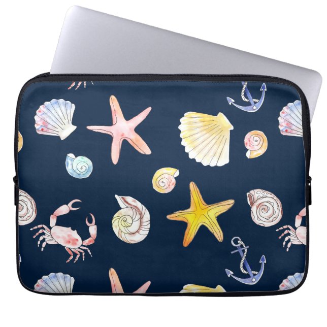 Marine Life & Anchors (Dunkel) - Laptop-Sieb Laptopschutzhülle (Vorderseite)