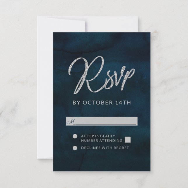 Marine Luster Dark Blue Silver Wedding RSVP Répond (Devant)