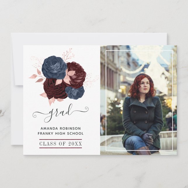 Marine, Maroon und Rose Gold Floral Abschluss Foto Ankündigung (Vorderseite)