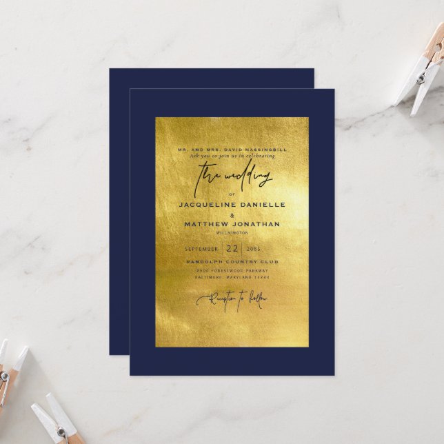 Marine moderne et Faire-part de mariage d'or métal (Devant/Arrière en situation)