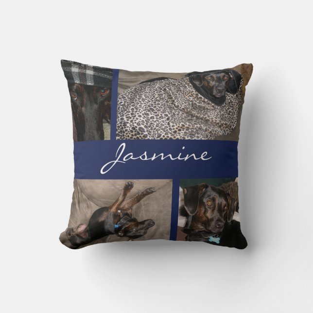 Marine-moderne Haustier-Foto-Collage mit Monogramm Kissen (Vorderseite)