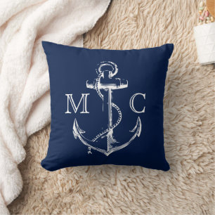 Marine-Monogramm-weißer Skizze-nautischanker   Kissen